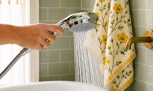 Uma mão a segurar o chuveiro Anespa enquanto a água suavizada flui, sobre azulejos verde-sálvia