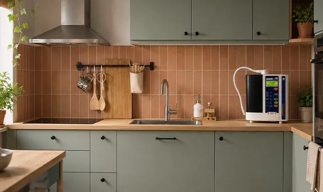 O LeveLuk JR IV no balcão de uma cozinha tranquila em verde-sálvia