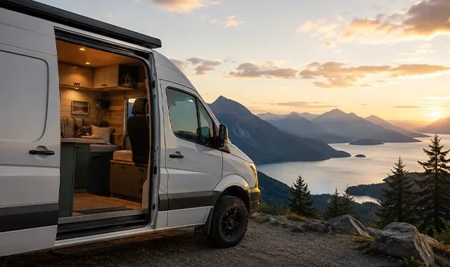 Uma autocaravana compacta off-grid estacionada num miradouro sobre um lago de montanha ao pôr do sol