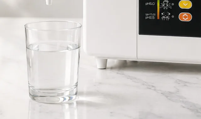 Um copo de Kangen Water fresca ao lado do SD501DX