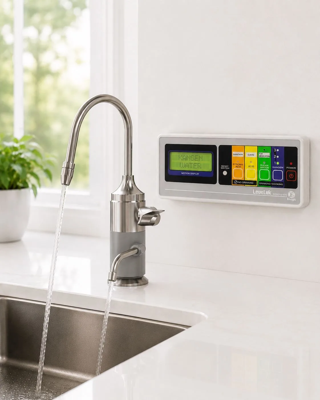 A torneira e o painel de controlo do LeveLuk SD501U integrados numa área de lava-loiça de cozinha